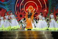 Shraddha Kapoor donned an orange lehenga on stage. Image: Twitter.com/IIFA