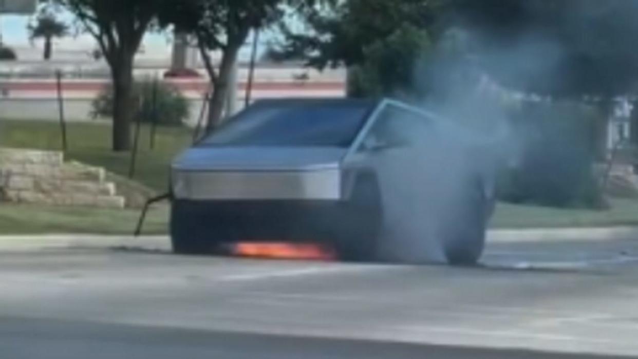 tesla cybertruck on fire