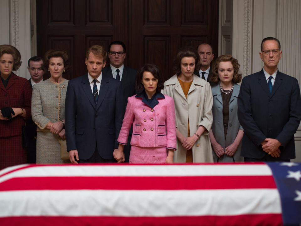 <p>Peter Sarsgaard as Bobby Kennedy, Natalie Portman as Jackie, Greta Gerwig as Nancy Tuckerman, and Richard E. Grant as Bill Walton.</p>