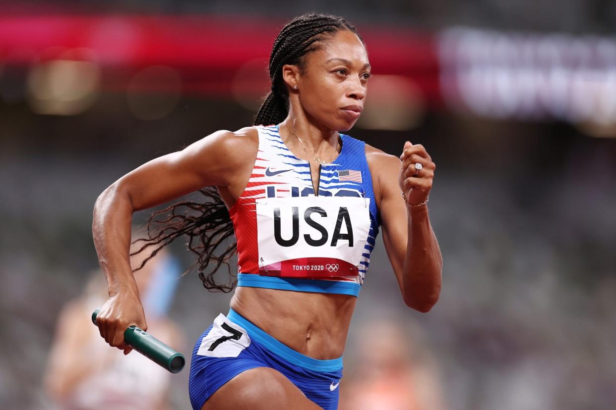 TOKYO, JAPAN - AUGUST 07: Allyson Felix of Team United States competes in the Women' s 4 x 400m Relay Final on day fifteen of the Tokyo 2020 Olympic Games at Olympic Stadium on August 07, 2021 in Tokyo, Japan. (Photo by Ryan Pierse/Getty Images)