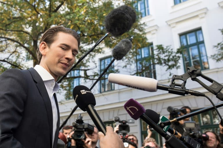 Austria's Foreign Minister and leader of the centre-right People's Party (OeVP) Sebastian Kurz talks with journalists in Vienna, Austria, on October 15, 2017