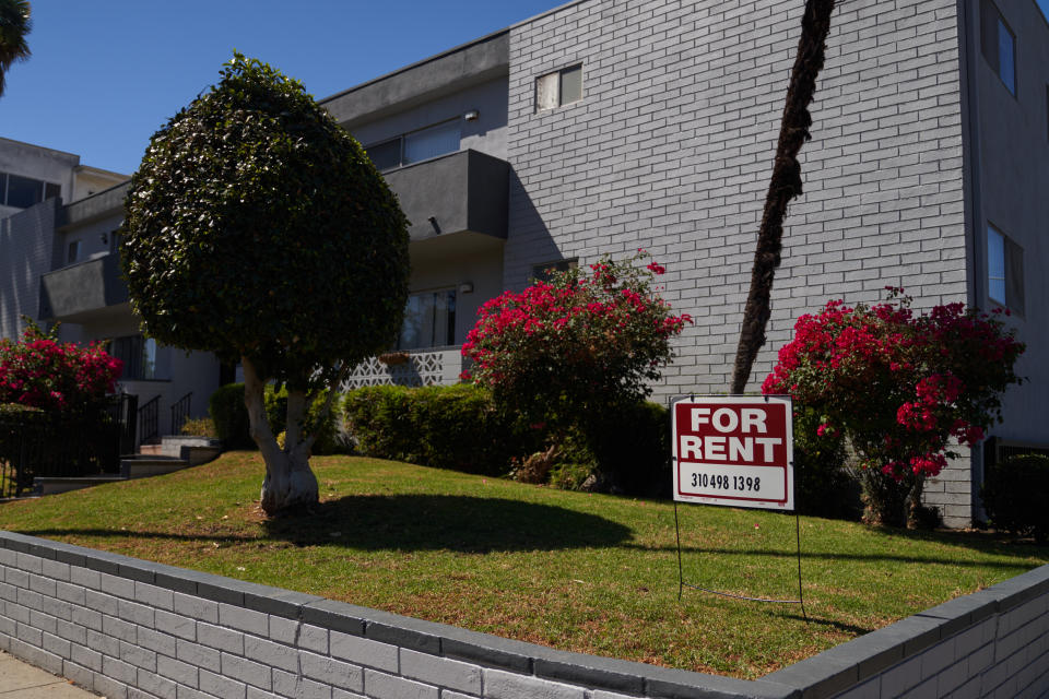 LOS ANGELES, CA - SEPTEMBER 22: A 'for rent' sign is displayed outside an apartment building on September 22, 2022 in Los Angeles, California. The U.S. housing market is seeing a slow down in home sales due to the Federal Reserve raising mortgage interest rates to help fight inflation. (Photo by Allison Dinner/Getty Images)