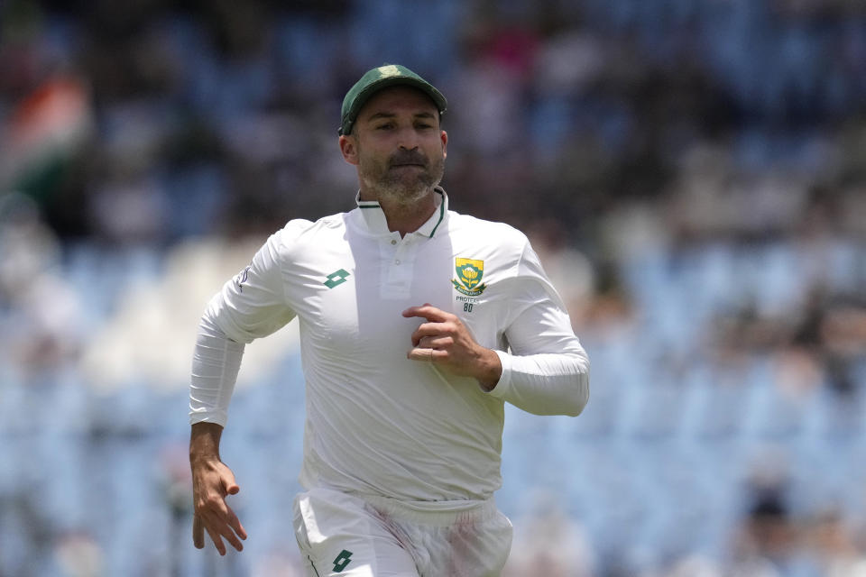 South Africa's Dean Elgar runs after the ball during the first day of the Test cricket match between South Africa and India, at Centurion Park, South Africa, Tuesday, Dec. 26, 2023. (AP Photo/Themba Hadebe)