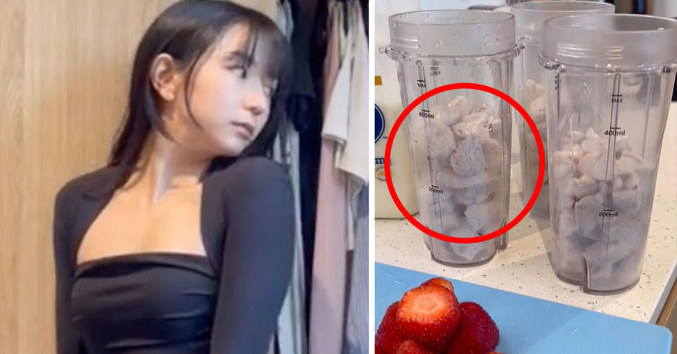 L: TikToker posing in her room. R: Boiled chicken pieces in a blender cup with strawberries in front