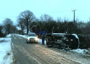 <p>Thames Valley Police Roads Policing handout photo of an overturned car in wintry conditions after overnight snow caused travel disruptions across parts of the UK. (PA) </p>