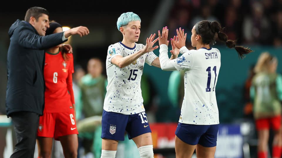 Sophia Smith (R) comes off to be replaced by  Rapinoe (L) during the match against Portugal. - Buda Mendes/Getty Images
