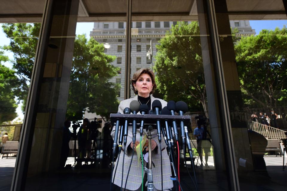 Lawyer Gloria Allred, who represents some of Harvey Weinstein's accusers, speaks to the press outside court on July 21, 2021, after Weinstein pleaded not guilty to sex-crime charges in Los Angeles.