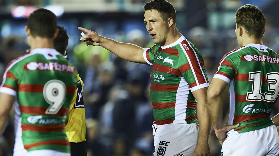 Sam Burgess remonstrates with the referee after being put on report. (Photo by Brett Hemmings/Getty Images)