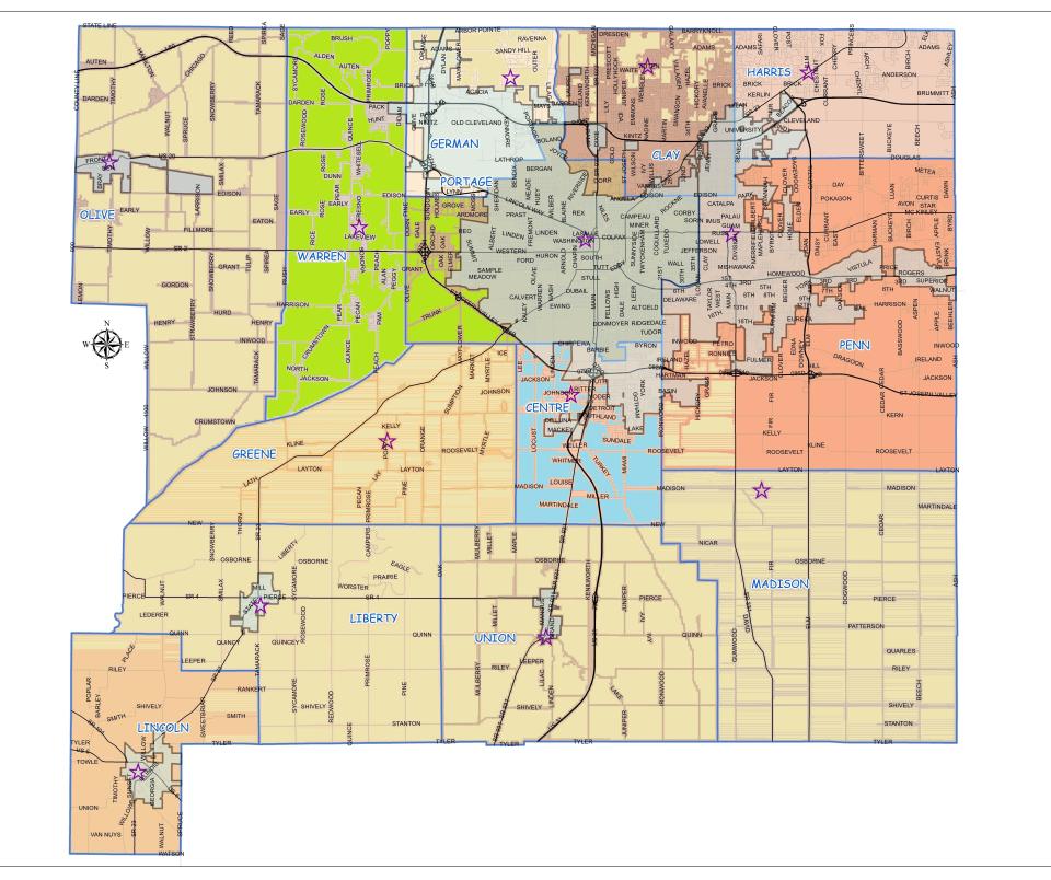 St. Joseph County geographical map shows the proposed St. Joseph Fire Protection Territory, with Portage and Warren Townships in green, and Centre Township in blue, whose fire department will exist alone.