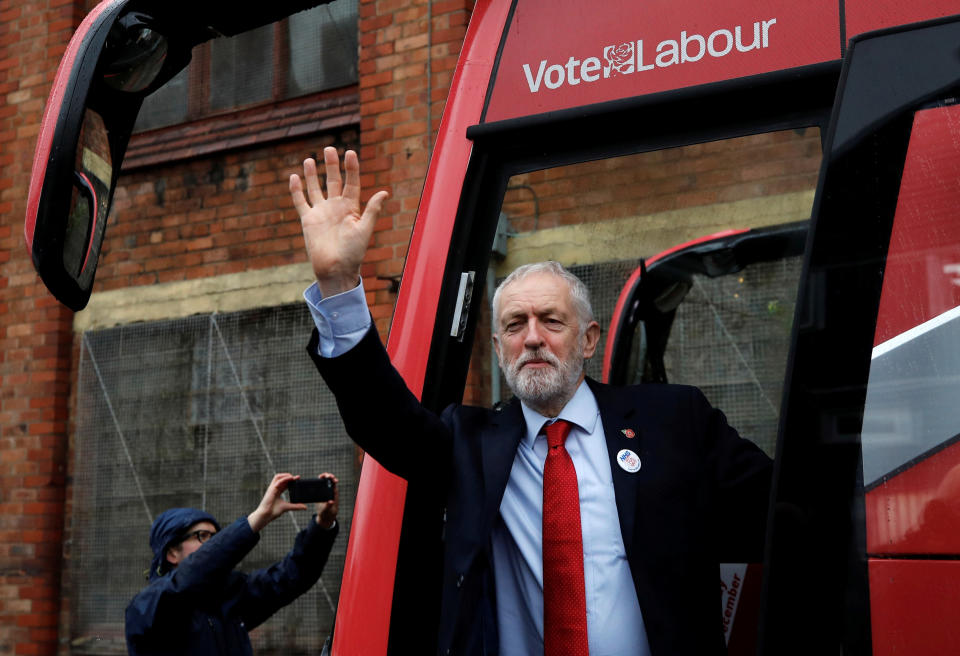 Britain's opposition Labour Party leader Jeremy Corbyn waves as he unveils the Labour party campaign bus in Liverpool, Britain November 7, 2019. REUTERS/Phil Noble