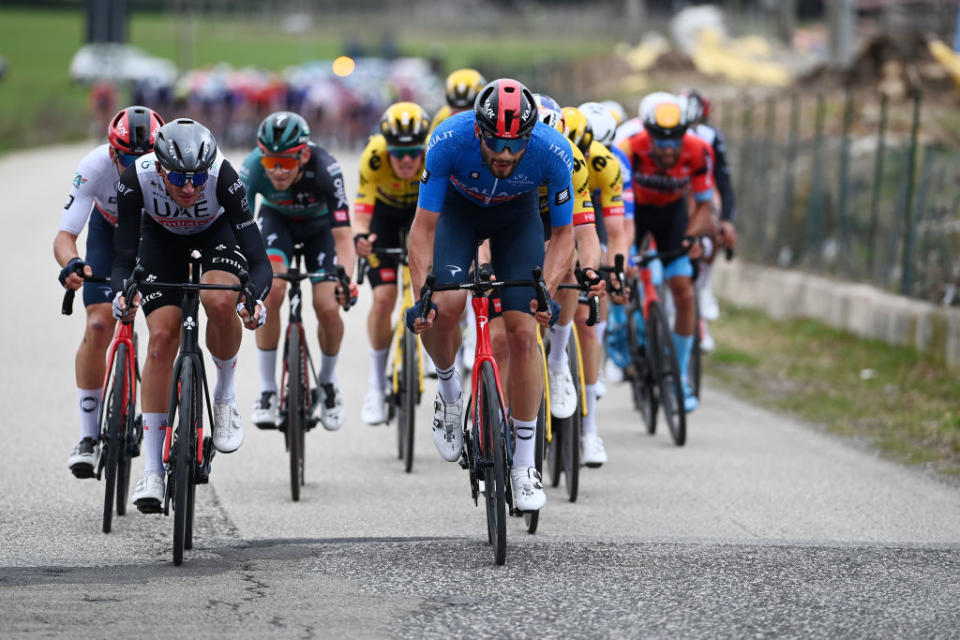 FOLIGNO ITALY  MARCH 08 Brandon McNulty of The United States and UAE Team Emirates and Filippo Ganna of Italy and Team INEOS Grenadiers  Blue Leader Jersey compete during the 58th TirrenoAdriatico 2023 Stage 3 a 216km stage from Follonica to Foligno 231m  UCIWT  TirrenoAdriatico  on March 08 2023 in Foligno Italy Photo by Tim de WaeleGetty Images