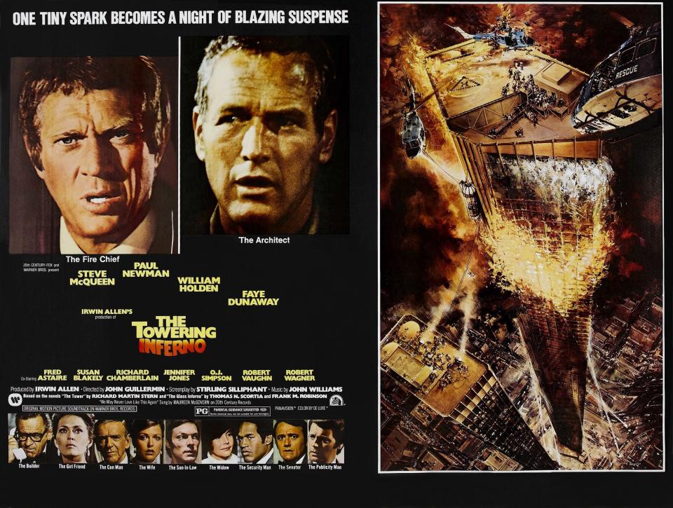 The Towering Inferno, poster, top: Steve McQueen, Paul Newman, bottom l-r: William Holden, Faye Dunaway, Fred Astaire, Susan Blakely, Richard Chamberlain, Jennifer Jones, O.J. Simpson, Robert Vaughn, Robert Wagner on poster art, 1974. (Photo by LMPC via Getty Images)