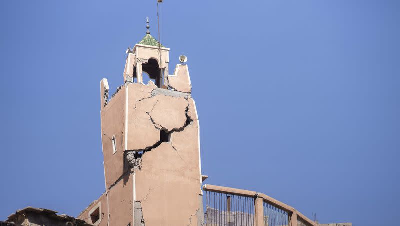 A cracked mosque minaret stands after an earthquake in Moulay Brahim village, near Marrakech, Morocco, Saturday, Sept. 9, 2023.