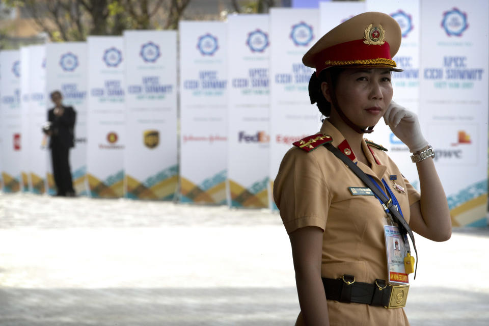 FIEL - In this Nov. 9, 2017, file photo, a Vietnamese security official stands guard outside the venue for the Asia-Pacific Economic Cooperation (APEC) CEO Summit in Danang, Vietnam. U.S. President Donald Trump said Tuesday, Feb. 5, 2019 that he will hold a two-day summit with North Korea leader Kim Jong Un Feb. 27-28 in Vietnam to continue his efforts to persuade Kim to give up his nuclear weapons. As a single-party communist state, Vietnam boasts tight political control and an efficient security apparatus, and successfully hosted the APEC meetings in 2017, and the regional edition of the high-powered World Economic Forum in 2018, both in the central coastal city of Danang. (AP Photo/Mark Schiefelbein, File)