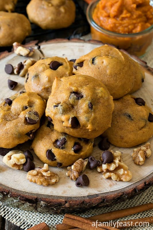 <p>A Family Feast</p><p>Pumpkin chocolate chip cookies loaded with semi-sweet morsels and walnuts are perfect for holidays, cookie swaps, bake sales and more! </p><p><strong>Get the recipe: <em><a href="https://www.afamilyfeast.com/soft-pumpkin-chocolate-chip-cookies/" rel="nofollow noopener" target="_blank" data-ylk="slk:Soft Pumpkin Chocolate Chip Cookies;elm:context_link;itc:0;sec:content-canvas" class="link ">Soft Pumpkin Chocolate Chip Cookies</a></em></strong></p>