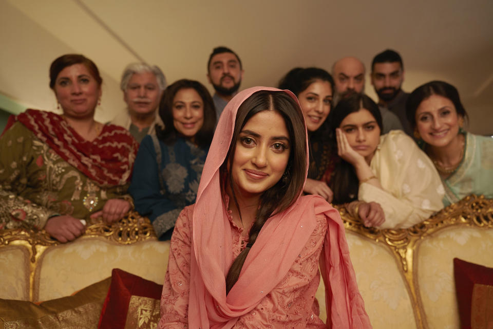 This image released by Shout! Studios shows Sajal Aly, center, in a scene from "What's Love Got to Do With It." (Robert Viglasky/Shout! Studios via AP)