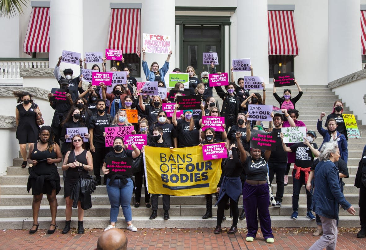 TALLAHASSEE, FL – FEBRUARY 16: Advocates for bodily autonomy march to the Florida Capitol to protest a bill before the Florida legislature to limit abortions on February 16, 2022 in Tallahassee, Florida. (Photo by Mark Wallheiser/Getty Images)