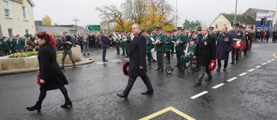 Northern Ireland Minister of State Conor Burns lays a wreath during the Remembrance Sunday service (Niall Carson/PA) (PA Wire)