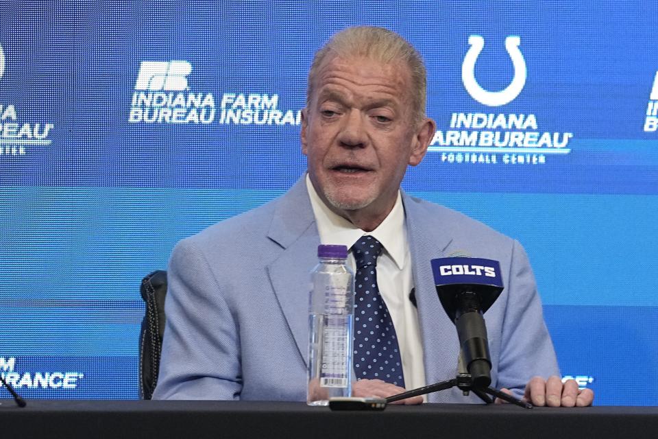 Indianapolis Colts owner Jim Irsay speaks during a news conference, Tuesday, Feb. 14, 2023, in Indianapolis. Shane Steichen was introduced as the Colts new head coach. (AP Photo/Darron Cummings)