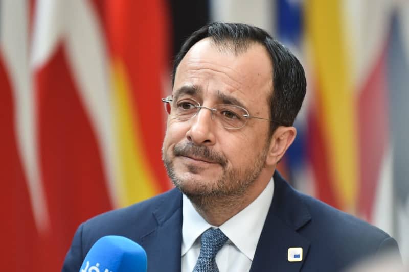 Cypriot President Nikos Christodoulides speaks to media as he arrives to attend the EU summit in Brussels. Gaetan Claessens/European Council/dpa