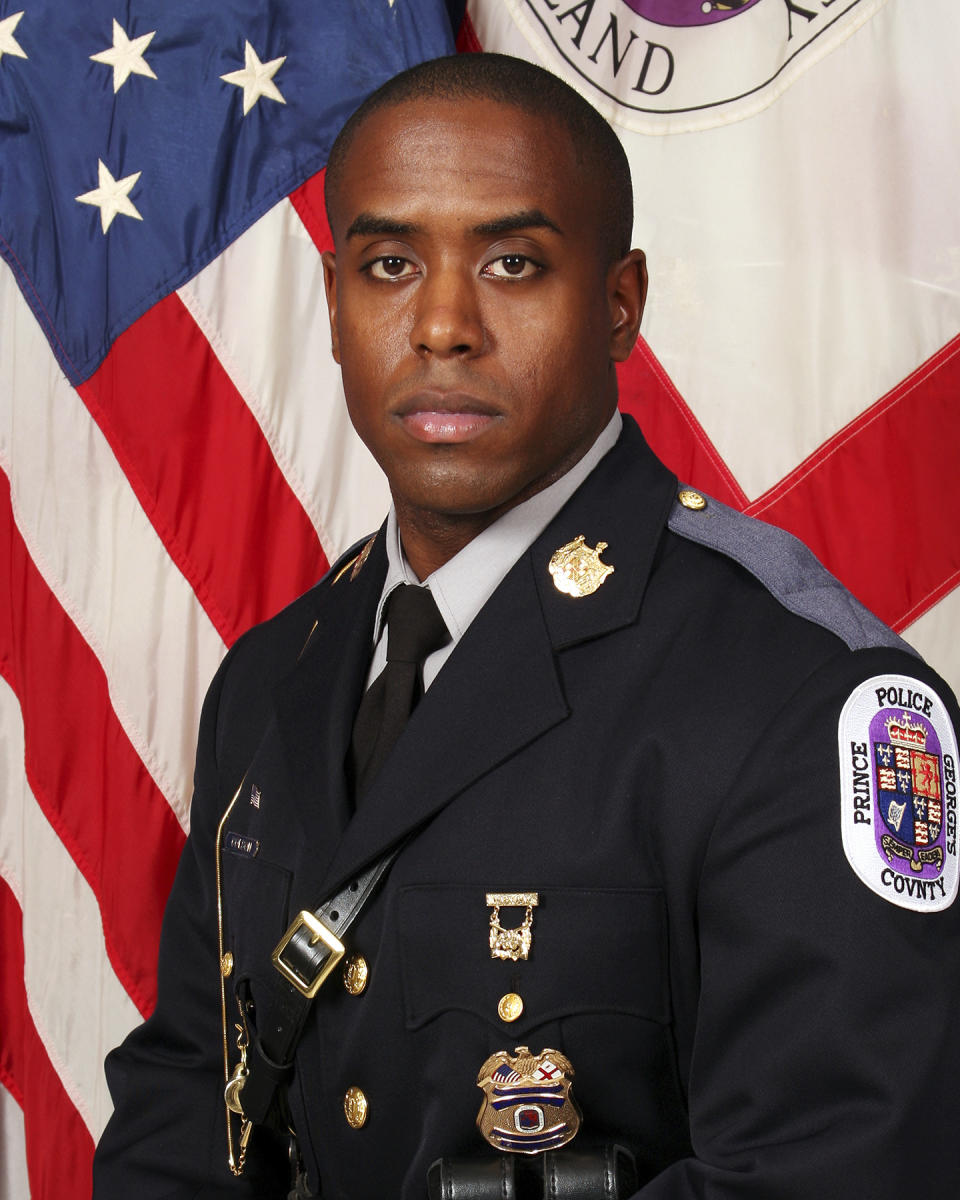 This undated image provided by the Prince George’s County Police Department shows slain officer Jacai Colson. A trial is expected to start Wednesday, Oct. 24, 2018, for Michael Ford, a man charged with attacking a Maryland police station while his two brothers videotaped the shootout, which led to an officer mistakenly killing Colson, an undercover detective. (Prince George’s County Police Department via AP)