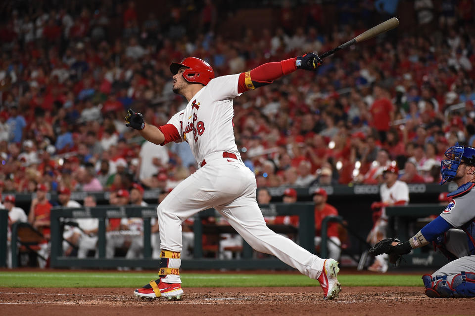 Nolan Arenado #28 of the St. Louis Cardinals hits a solo home run against the Chicago Cubs in the seventh inning of an MLB game at Busch Stadium on August 2, 2022 in St Louis, Missouri. (Photo by Joe Puetz/Getty Images)