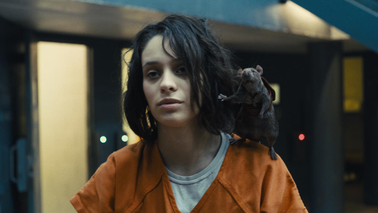  Daniela Melchior in The Suicide Squad with rat standing on her shoulder. 