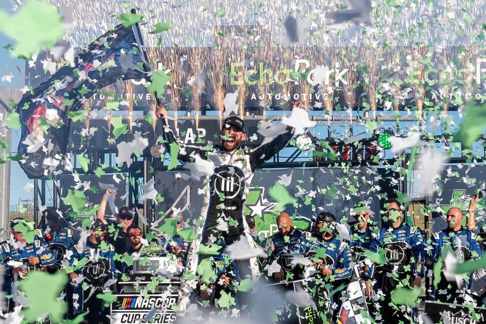 Ross Chastain celebrates in victory lane after winning last year's NASCAR Cup Series Echopark Automotive Grand Prix at Circuit of the Americas. NASCAR returns this week to COTA for its Echopark Automotive Texas Cup Grand Prix race.
