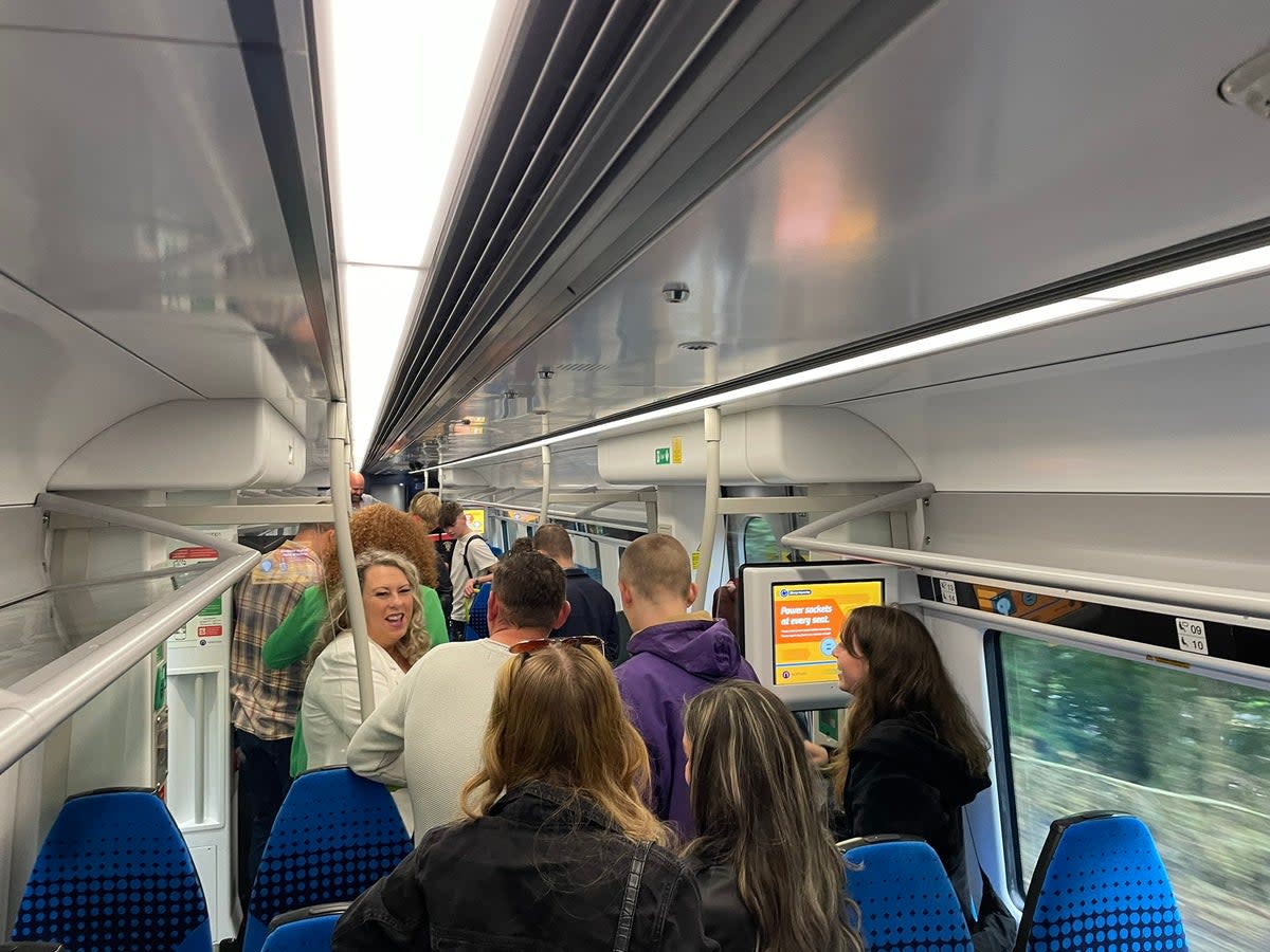 Everyone was up and out of their seats on the train from Shipley to Leeds when a snake was spotted slithering around (Sophie Johnstone/Twitter)