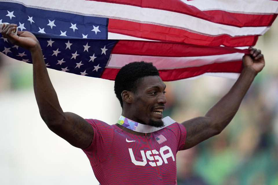 Fred Kerley, of the United States, celebrates after wining the final in the men's 100-meter run at the World Athletics Championships on Saturday, July 16, 2022, in Eugene, Ore. (AP Photo/Ashley Landis)