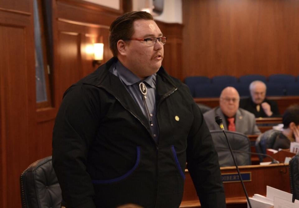 Rep. Thomas Baker, R-Kotzebue, speaks in favor of House Joint Resolution 20 on Friday, March 1, 2024. (Photo by James Brooks/Alaska Beacon)