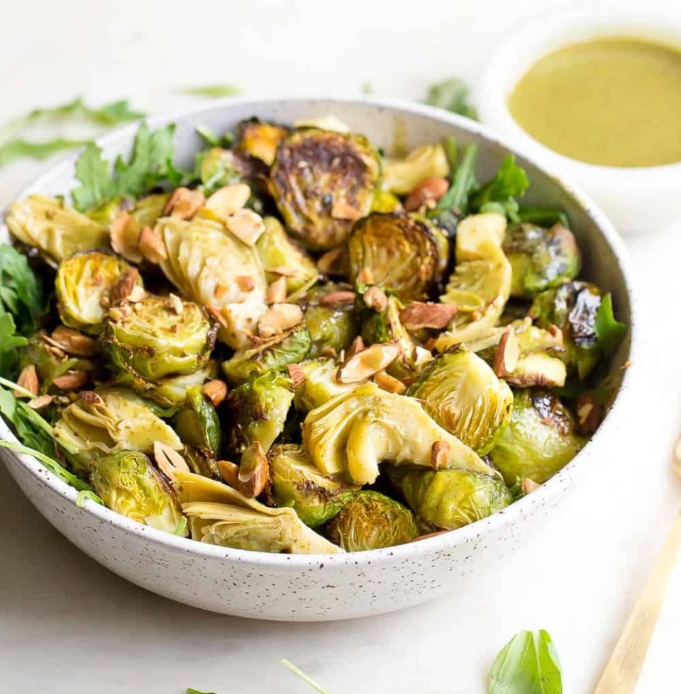 16) Roasted Brussels Sprouts Salad with Mustard Basil Vinaigrette