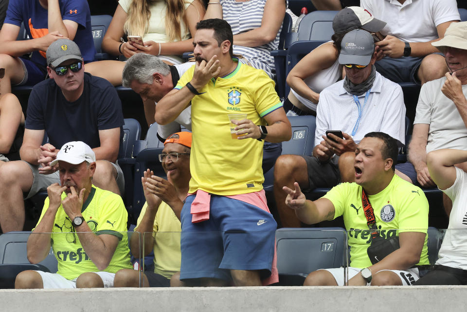 Tennis fans cheer during a match between Sloane Stephens, of the United States, and Beatriz Haddad Maia, of Brazil, during the first round of the U.S. Open tennis championships, Monday, Aug. 28, 2023, in New York. (AP Photo/Jason DeCrow)