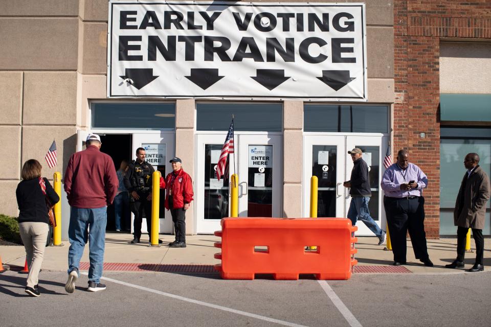 Oct 11, 2023; Columbus, Ohio, USA; A steady flow of voters makes their way in to vote during the first day of early voting for the November election.