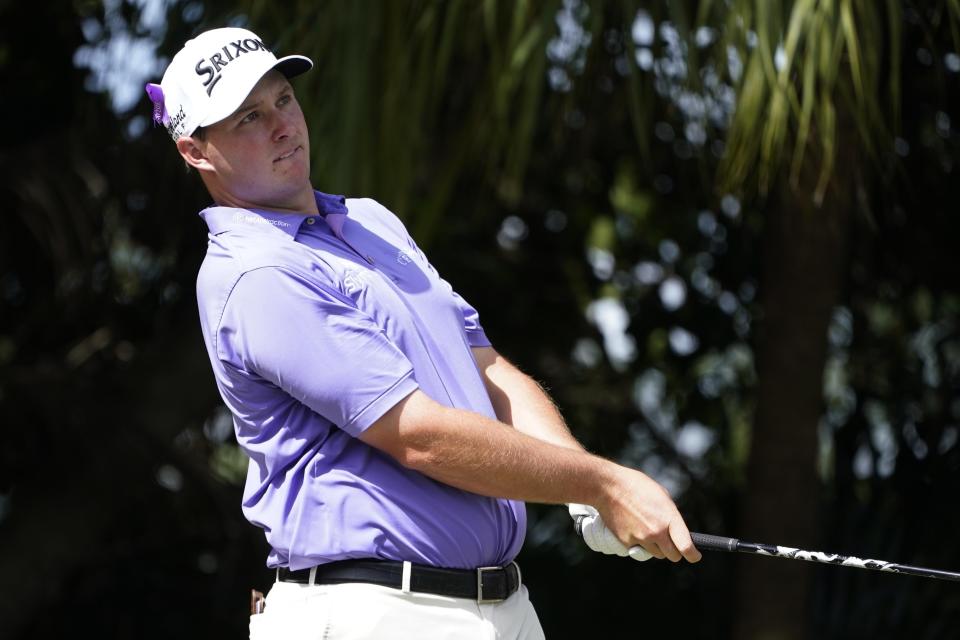 Sepp Straka, of Austria, watches his shot from the third tee during the final round of the Honda Classic golf tournament, Sunday, Feb. 27, 2022, in Palm Beach Gardens, Fla. (AP Photo/Marta Lavandier)