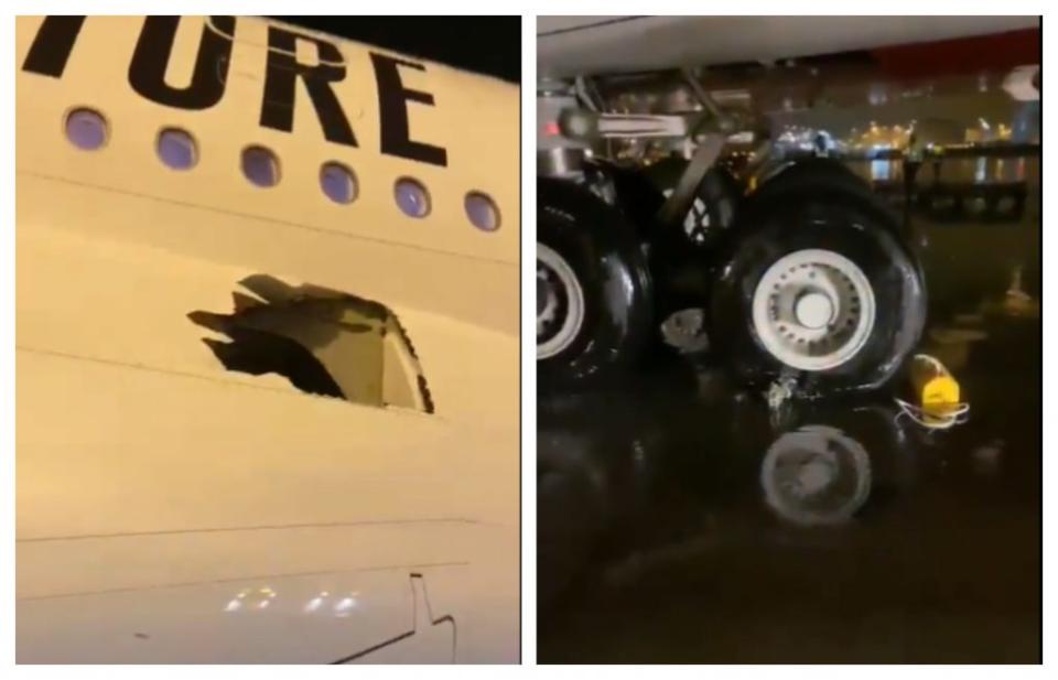 阿聯酋航空一架由杜拜飛往澳洲布里斯本的航班傳出巨響，後來才發現機身被穿了一個洞。（圖／翻攝自推特）