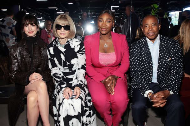 PHOTO: From left, Anne Hathaway, Anna Wintour, Serena Williams, and Eric Adams attend the Michael Kors Collection Spring/Summer 2023 Runway Show on Sept. 14, 2022 in New York City. (Dimitrios Kambouris/Getty Images for Michael Kors)