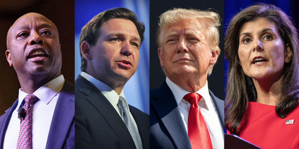 Republican presidential candidates, from left, Sen. Tim Scott, R-S.C., Florida Gov. Ron DeSantis, former President Donald Trump and former U.N. Ambassador Nikki Haley. (Getty Images; AFP)