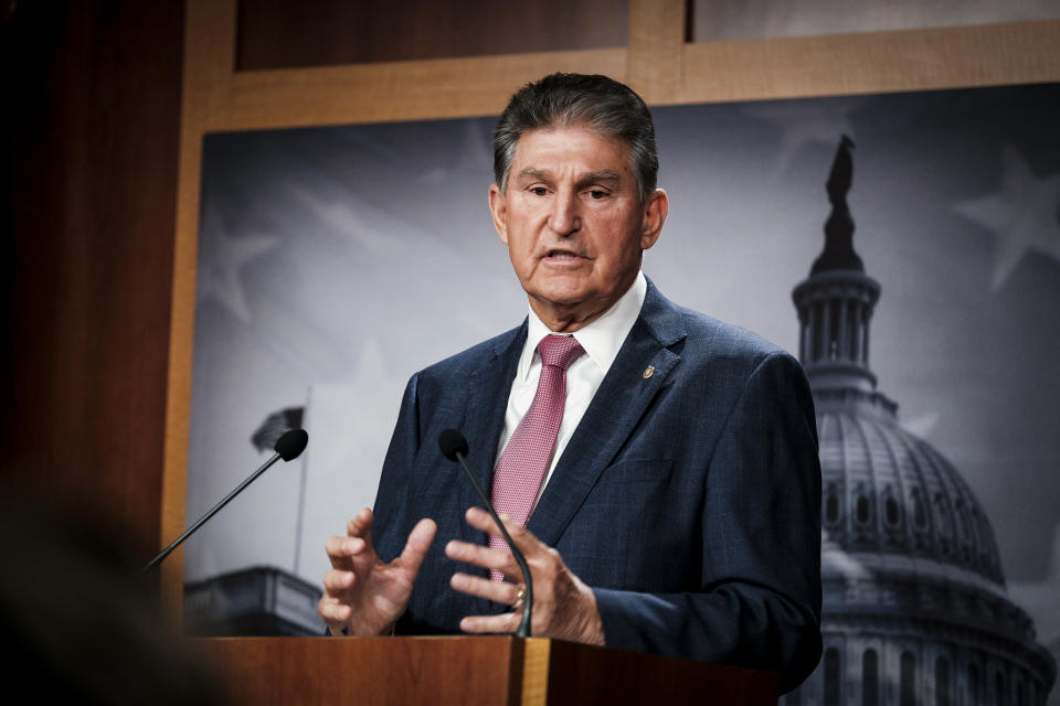 Sen. Joe Manchin, D-W.Va., makes a statement in the Senate TV Studio on Capitol Hill on Monday.