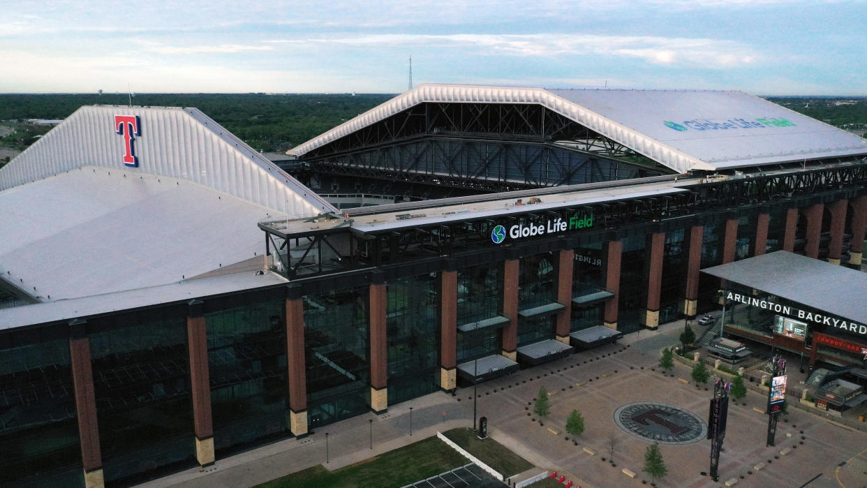 ARLINGTON, TEXAS - APRIL 01: An aerial drone view of Globe Life Field, home of the Texas Rangers MLB team, on April 01, 2020 in Arlington, Texas. The grand opening of Globe Life Field has been postponed after Major League Baseball delayed the start of the 2020 season in an effort to slow the spread of coronavirus (COVID-19). (Photo by Tom Pennington/Getty Images)