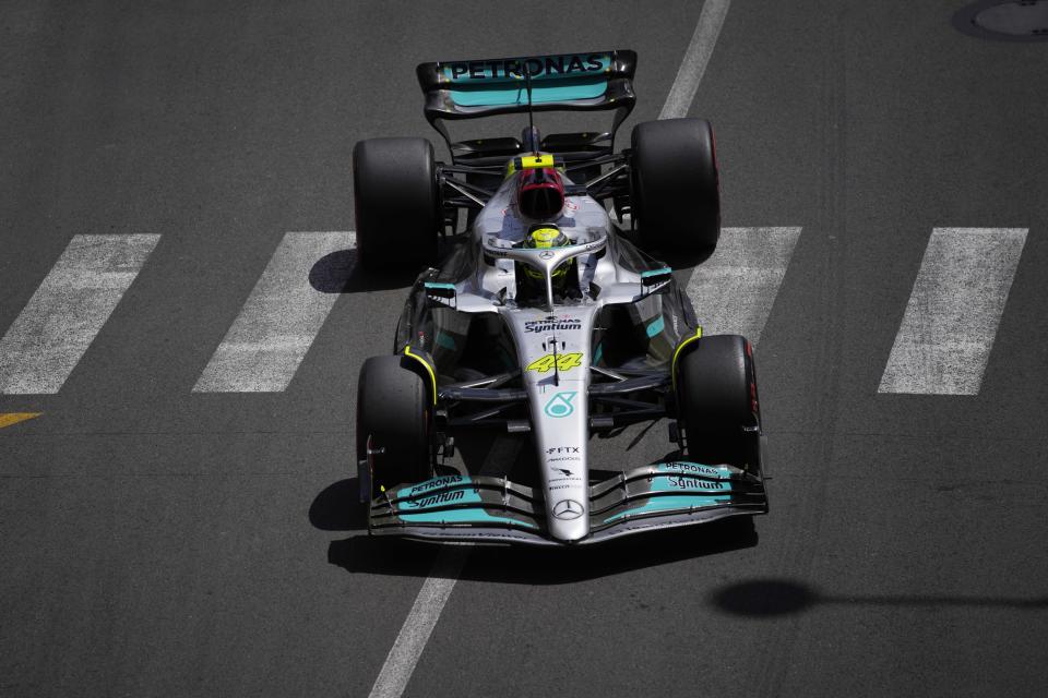 Mercedes driver Lewis Hamilton of Britain steers his car during the third free practice at the Monaco racetrack, in Monaco, Saturday, May 28, 2022. The Formula one race will be held on Sunday. (AP Photo/Daniel Cole)
