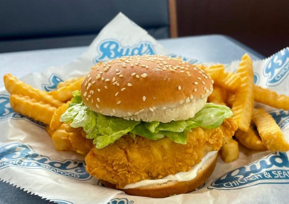 A fried chicken sandwich at the always popular Bud's Chicken & Seafood family of Palm Beach County restaurants.