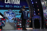 Alabama offensive lineman JC Latham poses after being chosen by the Tennessee Titans with the seventh overall pick during the first round of the NFL football draft, Thursday, April 25, 2024, in Detroit. (AP Photo/Jeff Roberson)