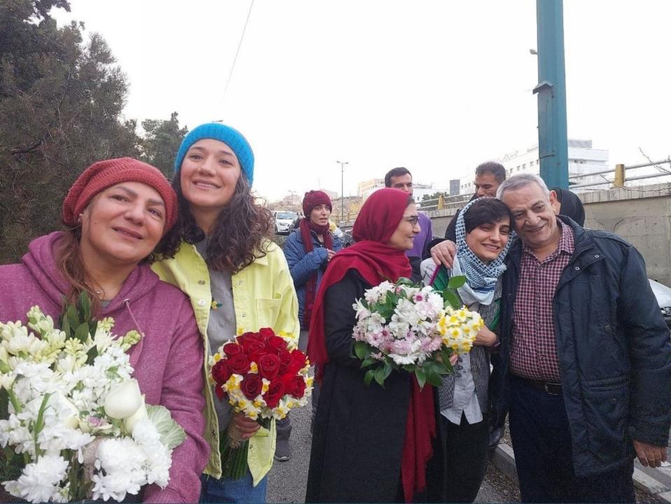 PHOTO: Niloofar Hamedi and Elahe Mohammadi posing with family and friends after being released from the Evin Prison in Tehran, Jan. 14, 2024. (ABC News)