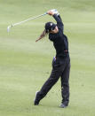 Danielle Kang of the United States watches her shot on the 14th hole during the first round of the BMW Ladies Championship at LPGA International Busan in Busan, South Korea, Thursday, Oct. 21, 2021. (Kang Duk-chul/Yonhap via AP)