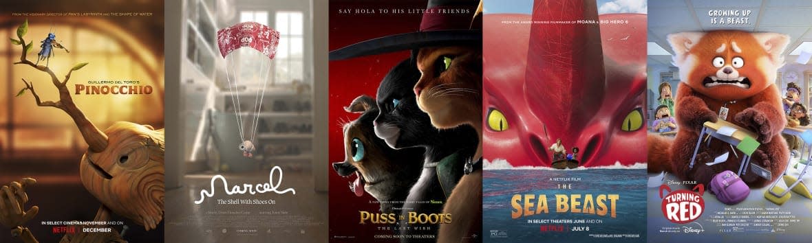 This combination of images shows promotional art for Oscar nominees for best animated feature film, from left, “Guillermo del Toro’s Pinocchio,” “Marcel the Shell with Shoes On,” “Puss in Boots: The Last Wish,” “The Sea Beast,” and “Turning Red.” (Netflix/A24/Universal/Netflix/Walt Disney via AP)