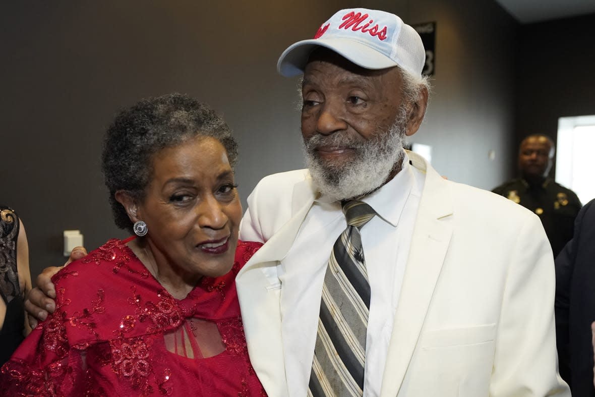 Myrlie Evers-Williams, civil rights leader and widow of slain civil rights icon Medgar Evers, left, greets political activist and writer James Meredith at The Medgar and Myrlie Evers Institute Courage and Justice Gala, commemorating the 60th anniversary of the 1963 assassination of Medgar Evers, Friday, June 9, 2023, in Jackson, Miss. (AP Photo/Rogelio V. Solis)