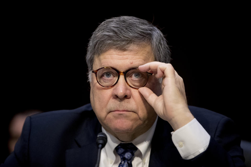 In this Jan. 15, 2019 photo, Attorney General nominee William Barr testifies during a Senate Judiciary Committee hearing on Capitol Hill in Washington. The exact timing of Mueller’s endgame is still unclear. But Attorney General William Barr, who oversees the investigation, has said he wants to release as much information as he can about the probe into possible coordination between Trump associates and Russia's efforts to sway the 2016 election. But during his confirmation hearing last month, he also made clear that he will ultimately decide what the public sees — and that any report will be in his words, not Mueller's. (AP Photo/Andrew Harnik)