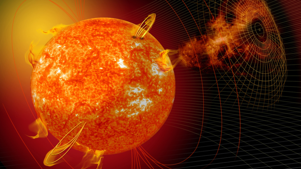  Illustration of a fiery orange sun erupting with multiple big solar storms. 