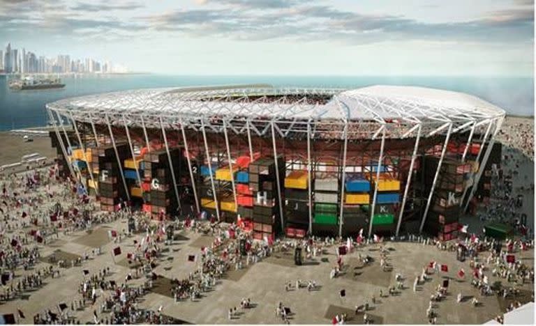 Imagen aérea del estadio desmontable del estudio español Fenwick Iribarren para Qatar 2022, bautizado 974 por la cantidad de containers utilizados y porque es el prefijo internacional de ese país